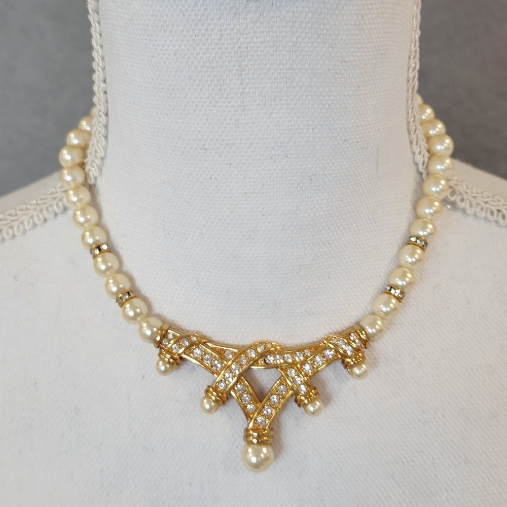 Elegant Vintage Gold Tone Pearl Rhinestone Statement Necklace Bridal Wedding